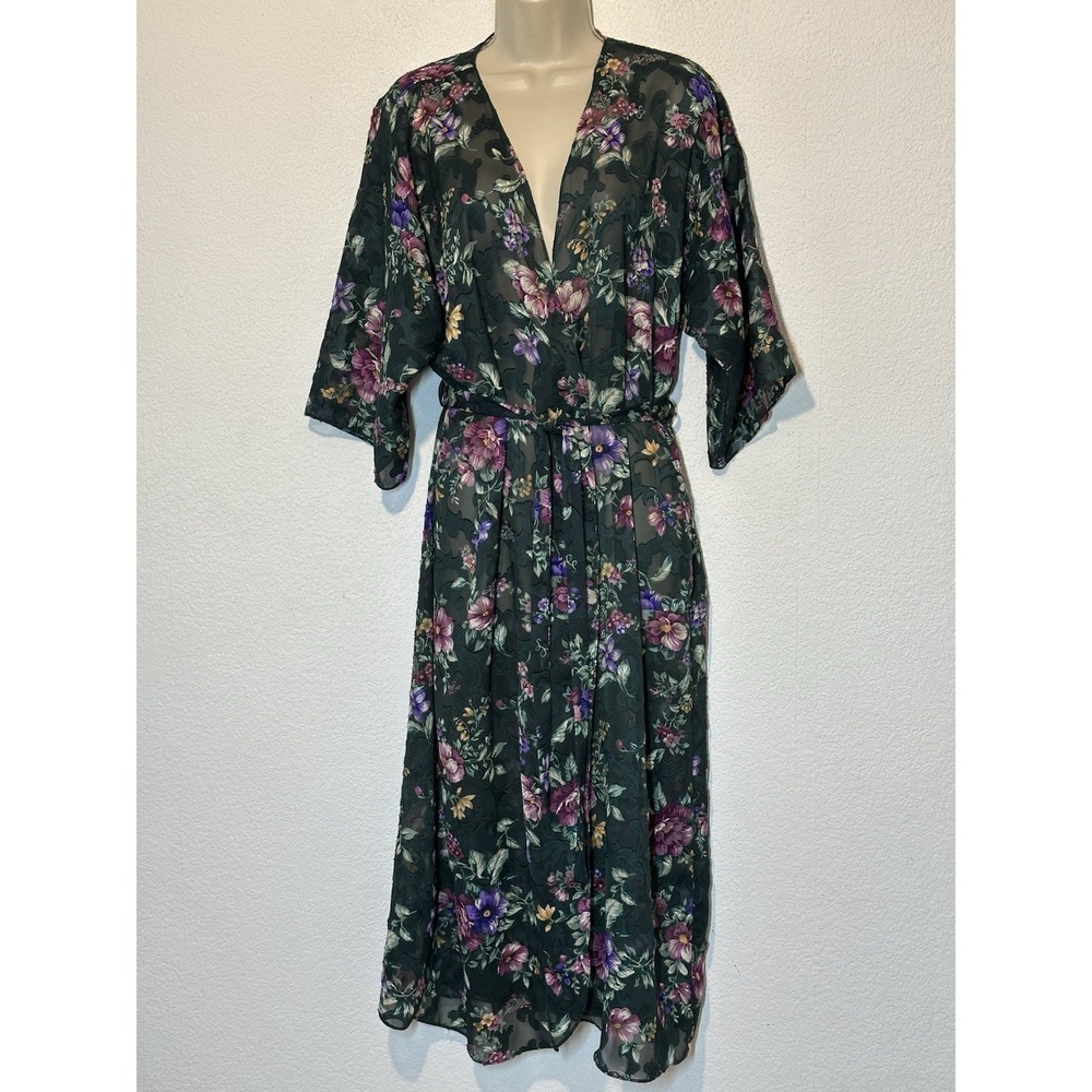 Vintage 90s Dark Semi Sheer Floral Maxi Robe Whimsigoth Wrap Duster Lightweight